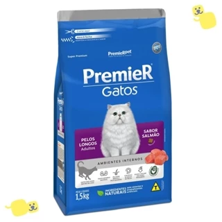 Alimento Premier Gatos Pelos Longos Adultos Ração Sabor Salmão 1,5Kg Super Premium Cat