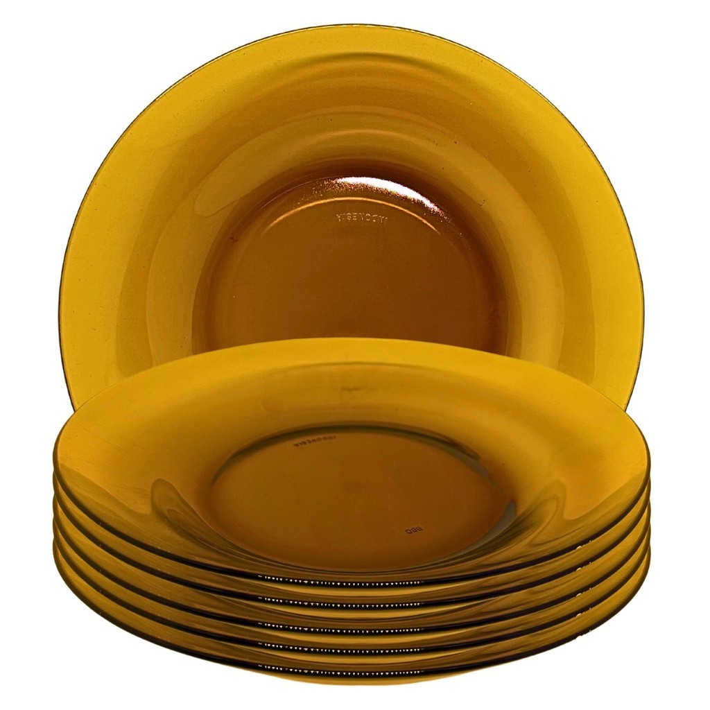 Jogo com 6 pratos fundos de vidro transparente marrom liso