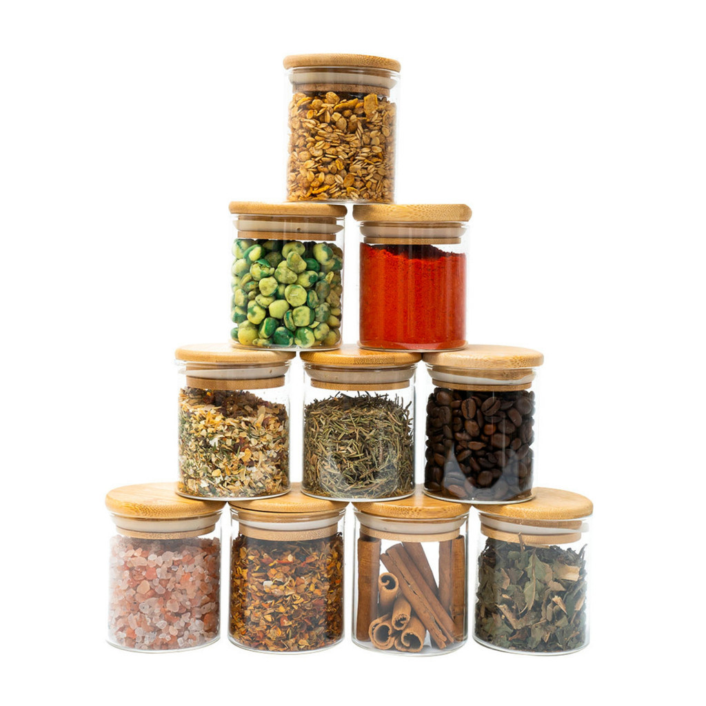 Kit 10 potes de vidro 200ml tampa de bambu herméticos redondos - Tud