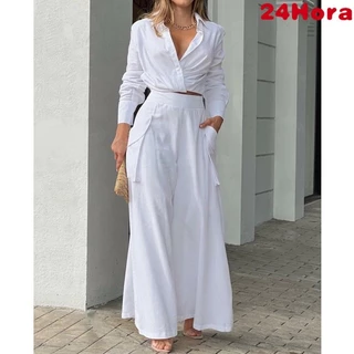 Conjunto feminino casual cor sólida camisa de manga comprida calça de cintura alta e pernas largas