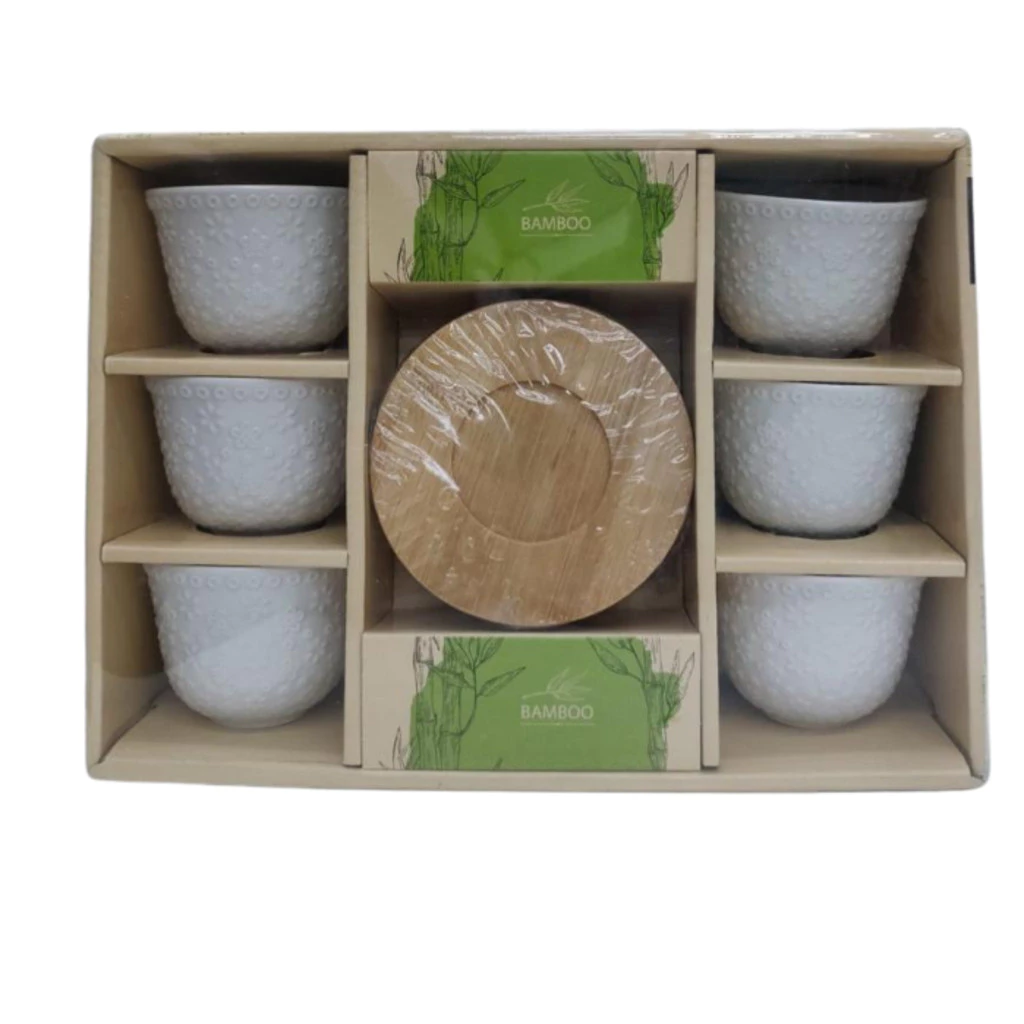 Conjunto de Xícaras Em Porcelana C/ Pires Em Bambu 12 Peças