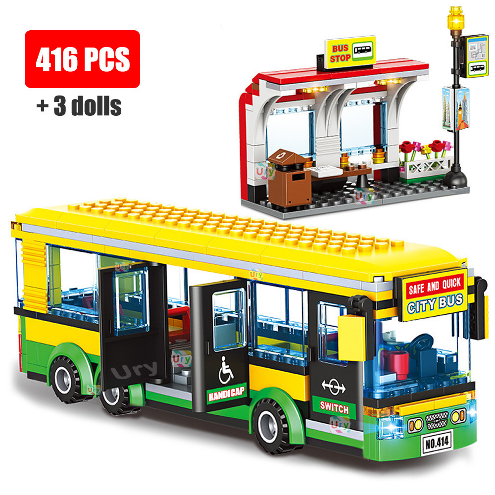 City Car Yellow Passenger School Bus Station Figuras De Um Deck Do Conjunto Público Modelo De Blocos De Construção De Brinquedos De Bricolage Para Meninos