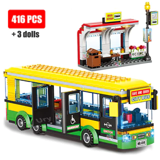 City Car Yellow Passenger School Bus Station Figuras De Um Deck Do Conjunto Público Modelo De Blocos De Construção De Brinquedos De Bricolage Para Meninos