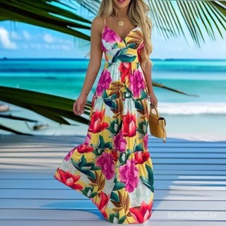 Verão floral imprimir vestido longo feminino sexy sem costas bandagem fenda  praia vestidos casuais elegante preto
