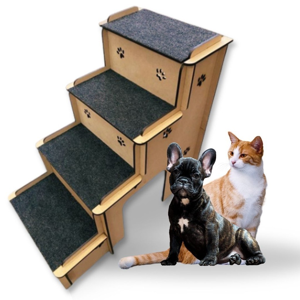 Escada Pet 4 Degraus C/ Carpete e Nicho Cachorro Gato Coelho
