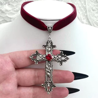 [SSPS] Gargantilha Gótica Vintage Gótico Grande Cruz De Veludo Ornate Cross Preto Grunge Gift For Women Girls FAH