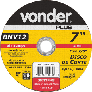 Disco de corte para metal e inox 180 x 1,6 x 22,23 mm - BNV12 - Vonder
