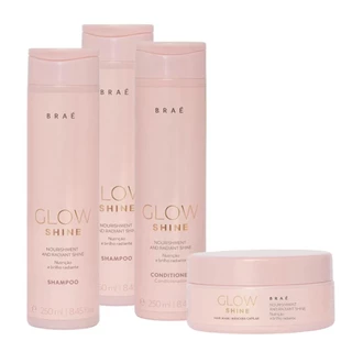 Kit Braé Glow Shine Shampoo 250ml, Shampoo 250ml, Condicionador 250ml, Máscara 200g (4 produtos)