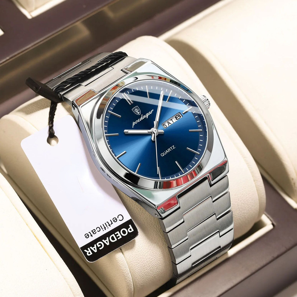 POEDAGAR original relógio genuíno tendência minimalista relógio masculino luminoso relógio impermeável de aço inoxidável pulseira calendário data casual quartzo relógio masculino + caixa