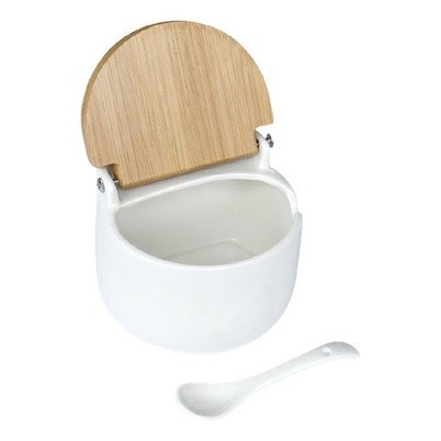 Saleiro Porta Condimento De Mesa Em Porcelana Com Colher E Tampa De Bambu