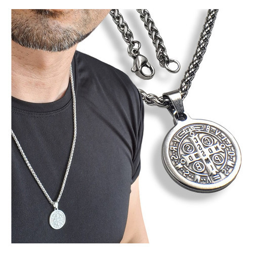 Colar Masculino Corrente Aço Inox Medalha De São Bento Prata