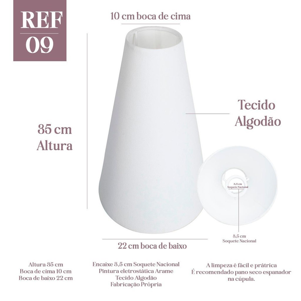 Cúpula Clássica de Abajur luminária 10x22x35cm Cone Tecido Algodão ...
