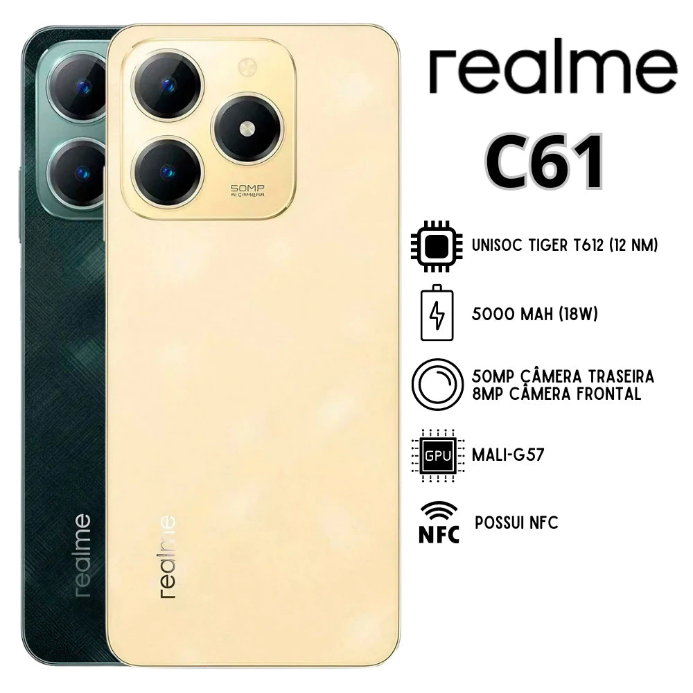 Dois smartphones Realme C61 vistos pela parte traseira, um na cor dourada e outro verde escuro, destacando o módulo de câmera tripla de 50MP e especificações técnicas como processador Unisoc Tiger T612, bateria de 5000 mAh, câmera frontal de 8MP, GPU Mali-G57 e NFC.