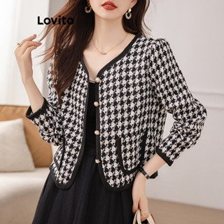 Lovito Elegante Blazer Feminino Estampa Pied-de-Poule com Bolso e Botão LNA30076 (Preto e Branco)