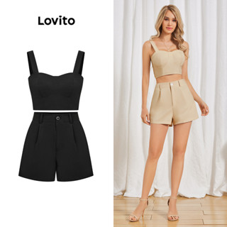 Lovito Conjunto de Shorts com Zíper e Linhas de Estrutura para Mulheres LBL06054 (Caqui Claro)