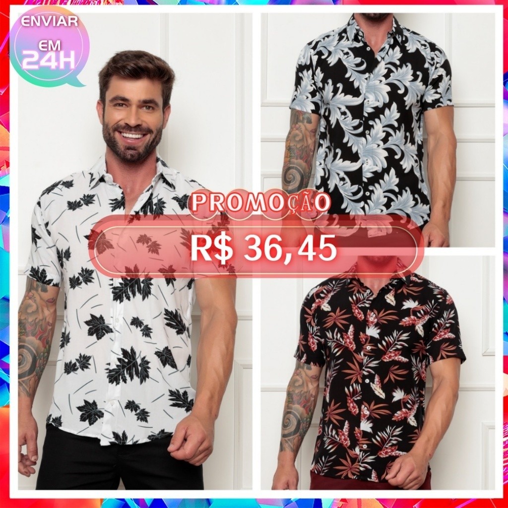 Kit 3 Camisas Social Masculina Floral Estampada Moda Praia Verão