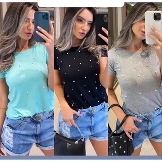Blusa tshirt perola blusinha feminia t-shirt blogueira moda Viscolaycra básica elastano tendencia