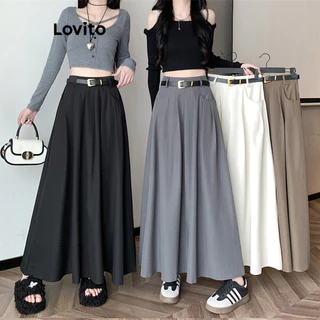 Lovito Saia com Bolsos Simples Casual para Mulheres LNA36018 (Café/Preto)