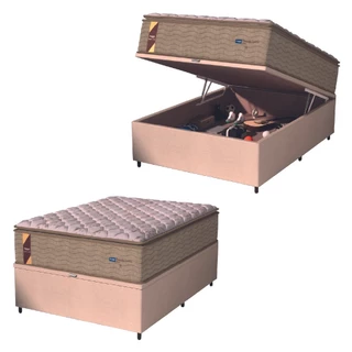 Cama Box Baú Colchão Casal Probel Molas Guarda Costas Max Pillow Top 138x188x81cm Branco / Bege - Suporta até 180kg por Pessoa
