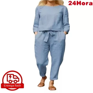 Conjunto feminino Linho Moda Cor Sólida Blusa De Manga Longa + Retrô Elástico Cintura Laço-Up Calças