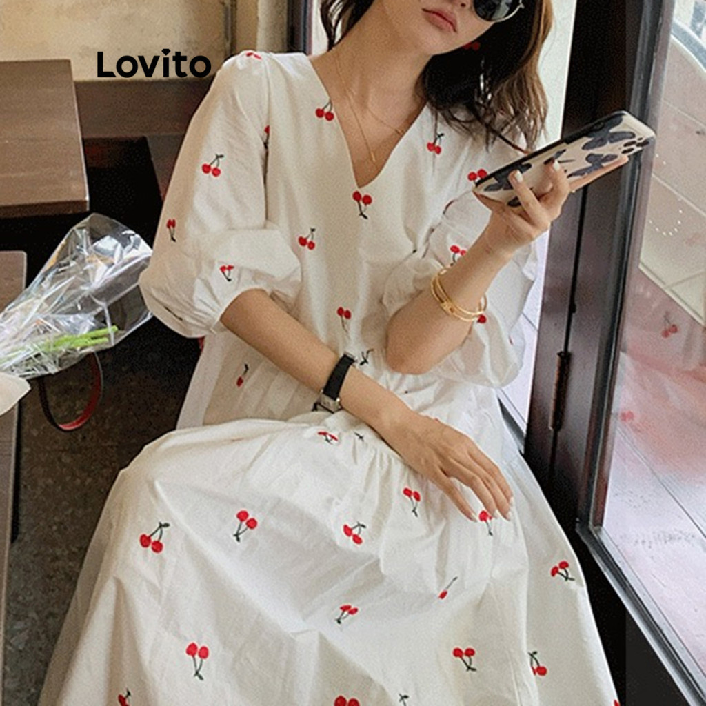 Lovito Vestido Midi com Estampa de Frutas, Decote em V e Mangas Curtas para Mulheres LNA13079 (Branco)
