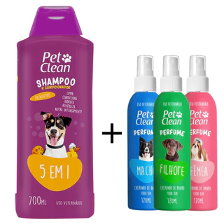 Kit Shampoo 5 em 1 + Perfume para Cães e Gatos Pet Clean