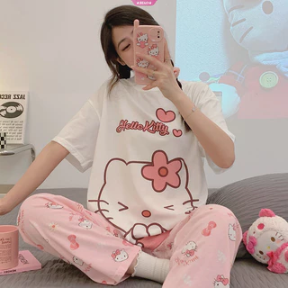 Sanrio Hello Kitty Y2K Conjunto De Pijama De Desenho Animado Para Casa Da Mulher Vestido Casual De Manga Curta Solta Calça Longa Presente