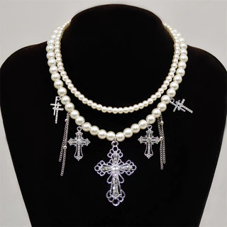 Colar De Borlas De Pérolas De Dupla Camada Com Corrente De Pescoço Pingente Cruzado Diamante Personalizado , Temperamento De Moda De Nicho , Camisola Versátil