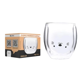 Copo Térmico Vidro Parede Dupla 250ml - Urso Bigode + Caixa para Presente