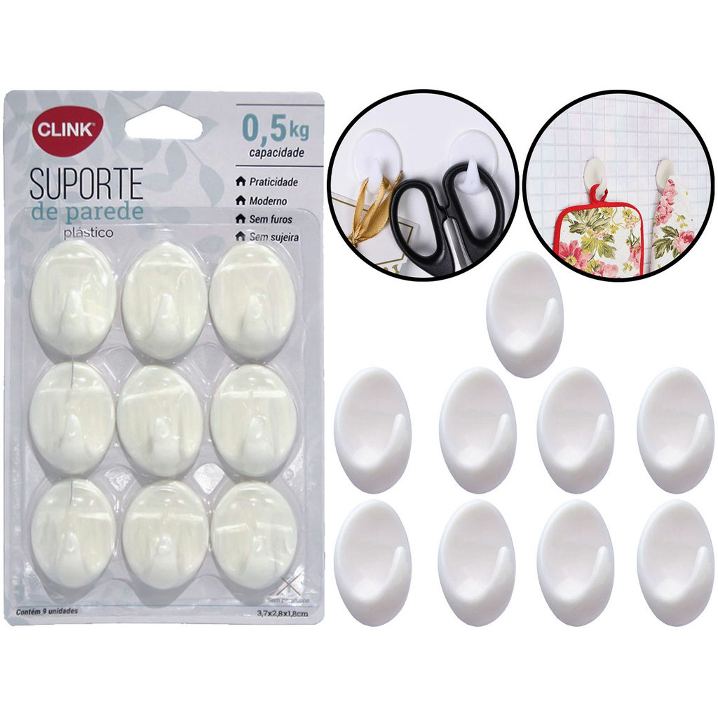 Conjunto 9 Ganchos Plásticos Oval Suporte Para Parede Vidro Porta Toalha Objetos