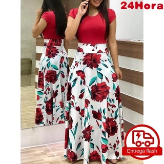 Vestido longo feminino verão vestido de manga curta com estampa floral colorblock