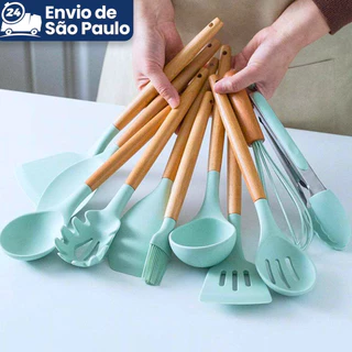 Jogo Kit Colheres de silicone cabo de madeira 12 peças utensílios cozinha