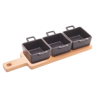 Conjunto Bandeja de Bambu com 3 Petisqueiras de Porcelana Quadradas Pretas 28.5cm