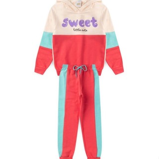 Conjunto Infantil Menina Moletom - Sweet Litlle Cute - Off White Rosa e Azul