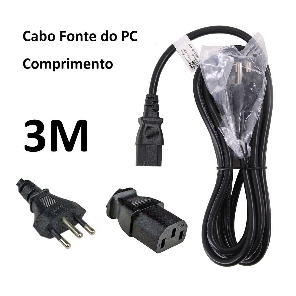 Cabo 3M Forca Tripolar P/ Fonte Pc Monitor Padrão 127v/220v