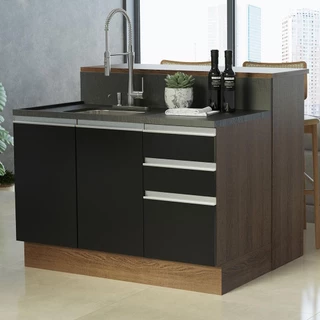 Ilha de Cozinha com Bancada e Balcão 120 cm Rustic/Preto Glamy Madesa em Oferta na Shopee