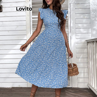 Lovito Vestido Casual Ditsy Floral Com Babados E Zíper Para Mulheres LNL37109 (Azul)