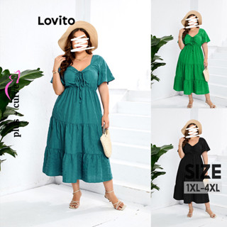 Lovito Vestido Plus Size Curvo Elegante Liso Com Renda Para Mulheres LNL37134 (Verde/Azul/Preto)