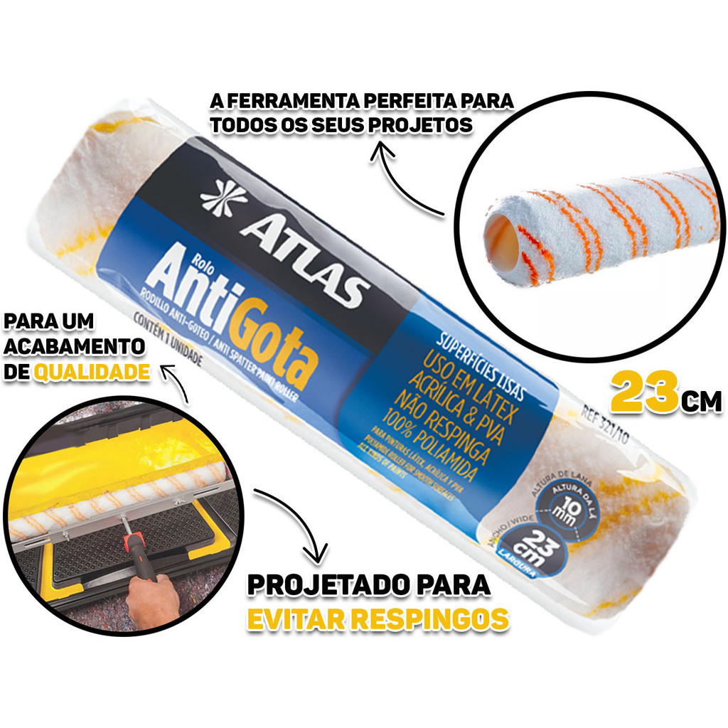 Rolo Anti Respingos Poliamida Sem Cabo Pintura Tinta Acrílica Látex Esmalte 23cm Atlas