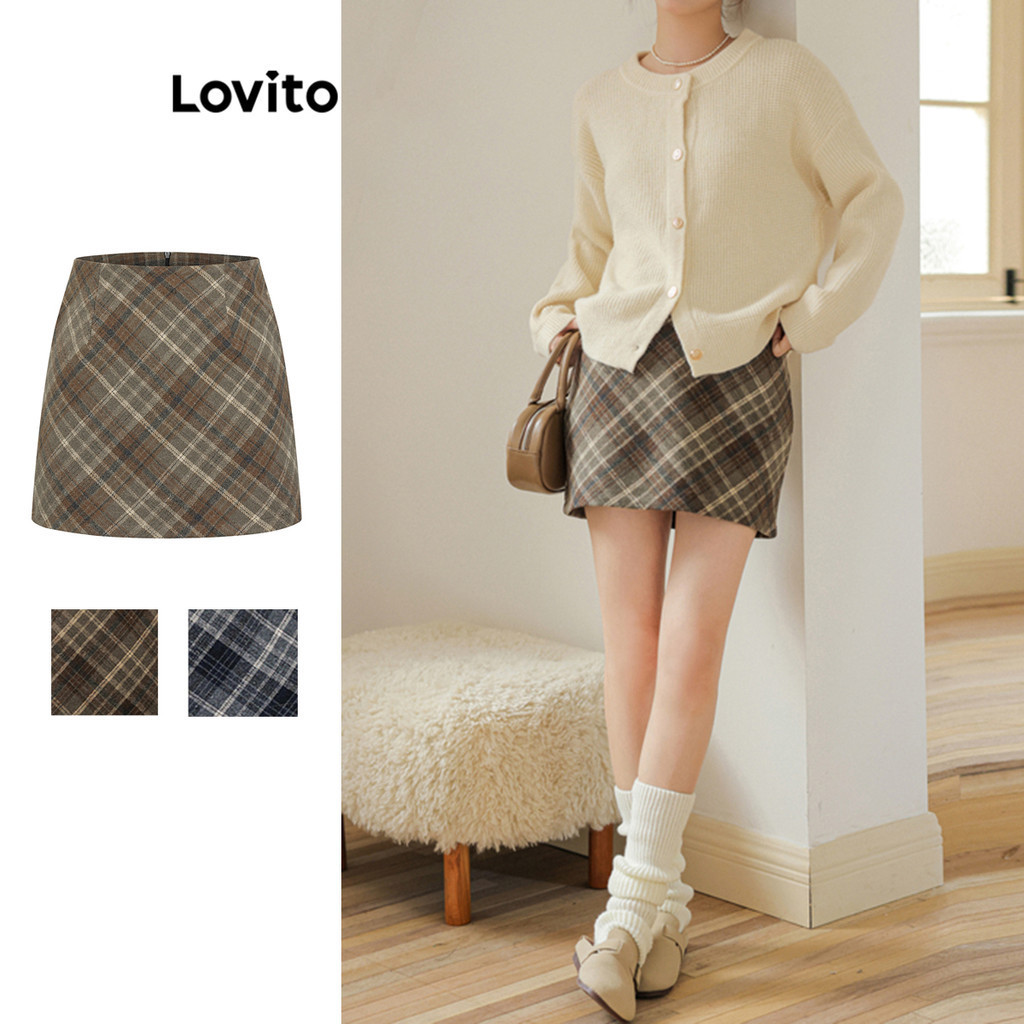 Lovito Casual Saias Básicas com Xadrez para Mulheres L76AD108