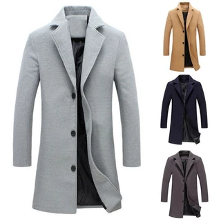 Casaco Longo De Lapela De Lã Masculino Da Moda De Primavera De Outono De Cor Sólida