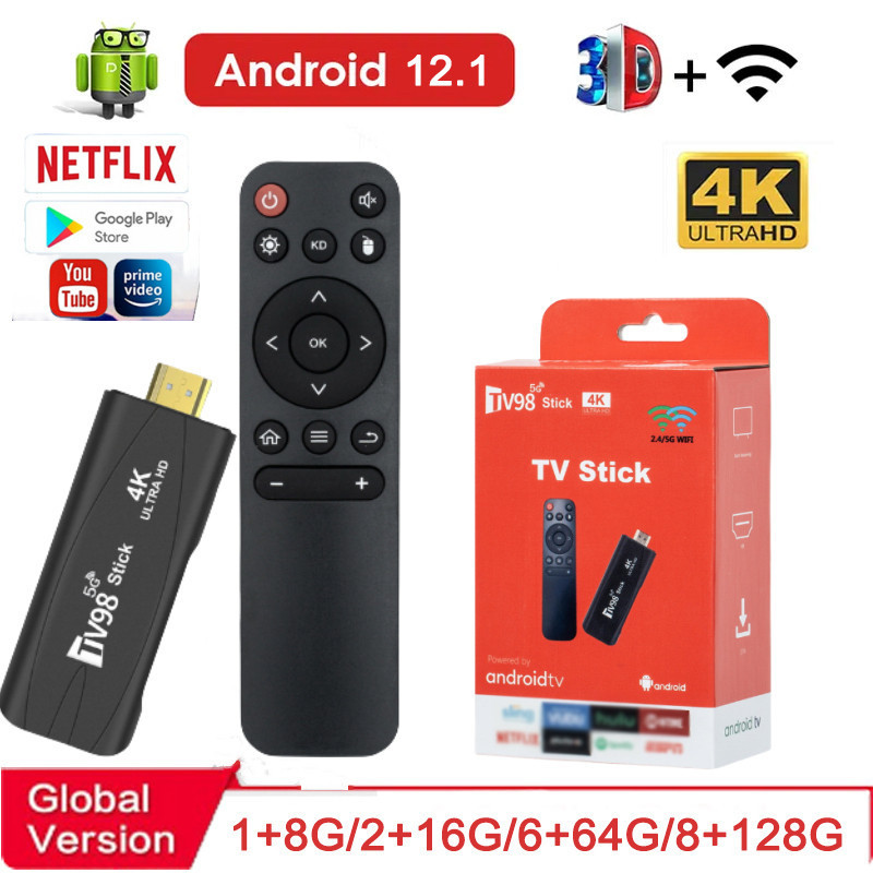 TV Global 4K Stick e Android 12.1 Smart TV98 Media Dual 2.4G 5G Wifi 8GB/128GB 4K HD (Carregador Não Incluído)