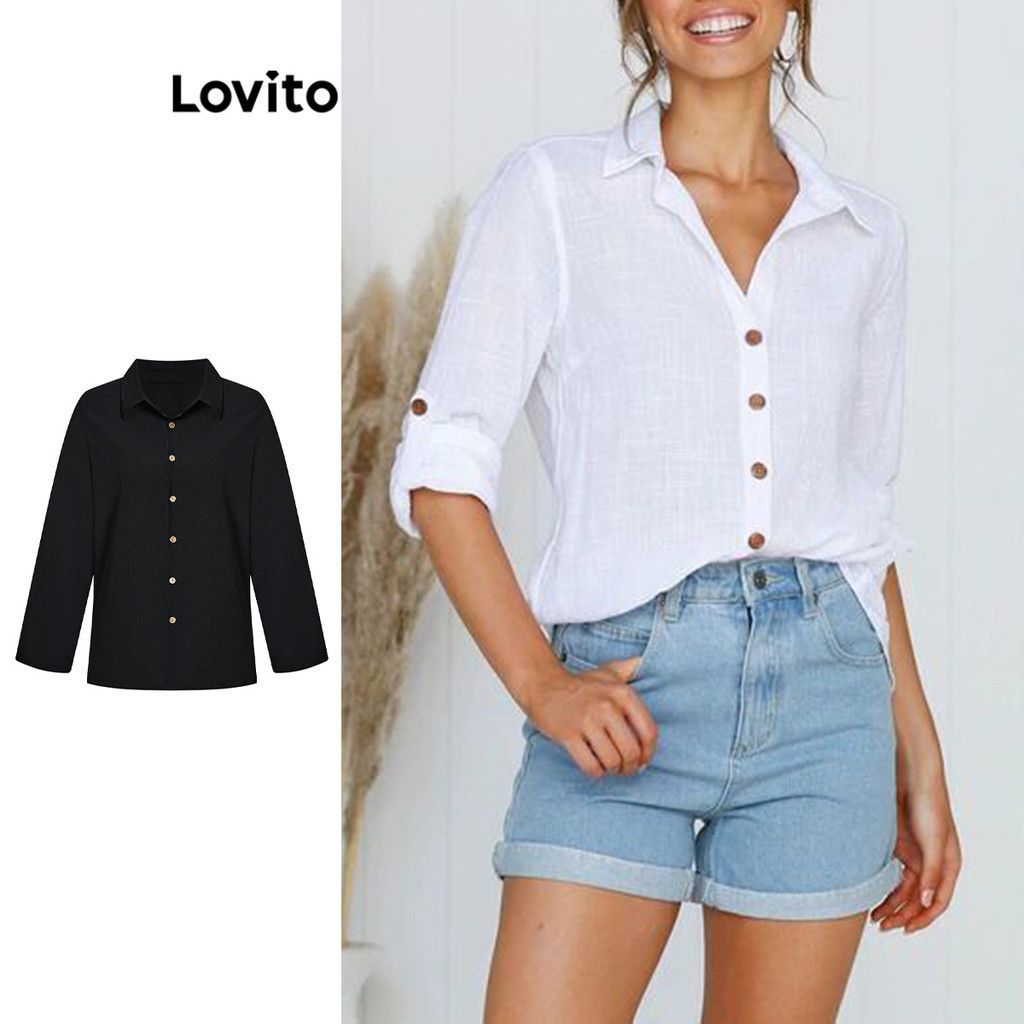 Lovito Casual Blusa Feminina Lisa com Botão Frontal LNE31201 (Branco)