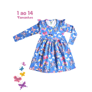 Vestido Princesa Meia Estação infantil 1 ao 14 Manga Longa em Cotom Estampado