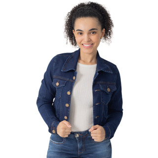Jaqueta Jeans Feminina Gola Alta Fechamento Em Botões De Bronze Bolsos Utilitarios