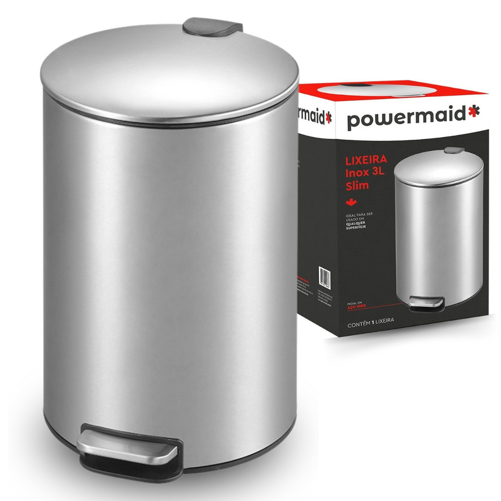 Lixeira de Inox Escovado Slim 3 Litros Com Pedal - Powermaid