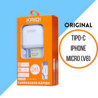 Carregador DUPLO USB 12W CARREGAMENTO RÁPIDO 2.4A Com Cabo V8 (Micro USB)/ Tipo C/ iPhone KAIDI