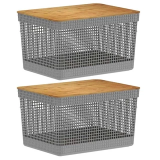 2x Cesto 20L Organizador OU Grid Cinza com Tampa de Bambu
