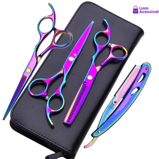 Barbeiro 4 Tesoura Profissional Para Desbaste De Cabelo kit De Aço Inoxidável Dourado