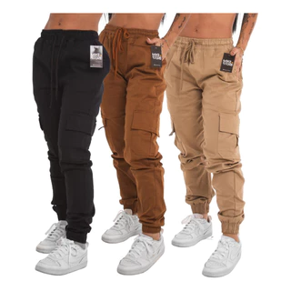 Kit 3 Calça Cargo Jogger Feminina Com Elástico Jeans